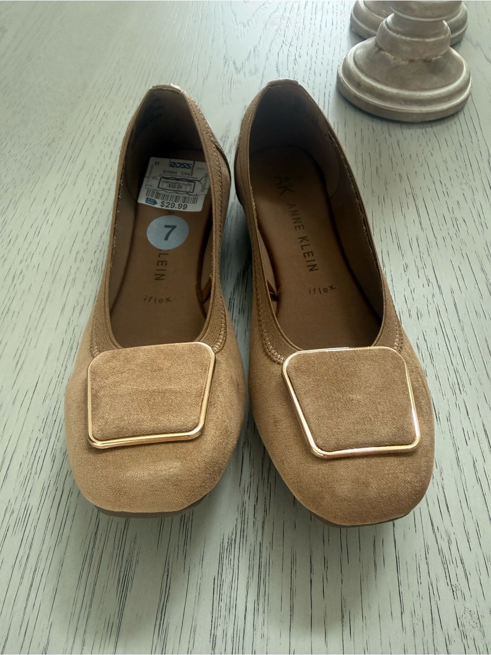 Anne Klein Tan Suede Square Buckle Ballet Flats
